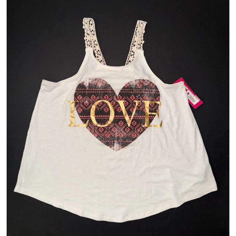 NEW Xhilaration Gils Shirt XL 14 16 ivory pink black tank top crochet LOVE heart